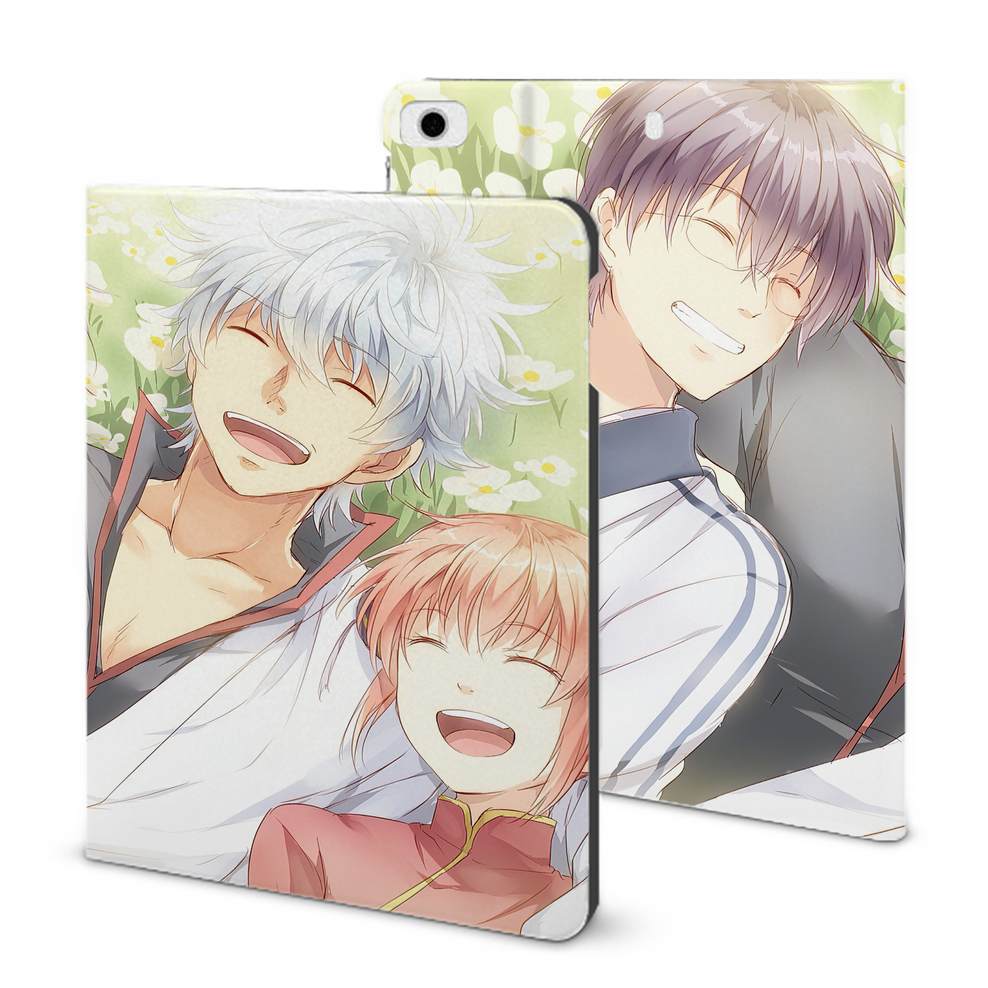 ぎんたま 坂田銀時（さかたぎんとき） 神楽 志村新八（しむら しんぱち） GINTAMA Sakata Gintoki Kagura Shimura Shinpachi IPad ケース ブック型 PUレザー TPU 耐衝撃 軽量 薄型 ペン収納なし 全面保護 IPad 各モデル対応